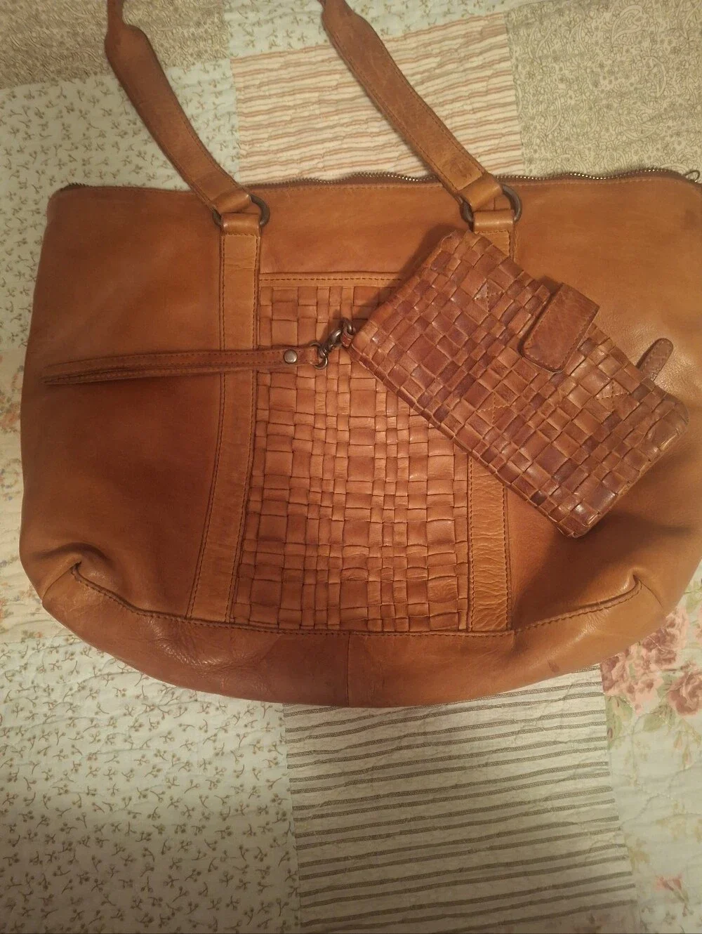 Tan Leather Woven-Accent Womens Computer Or Tote Bag